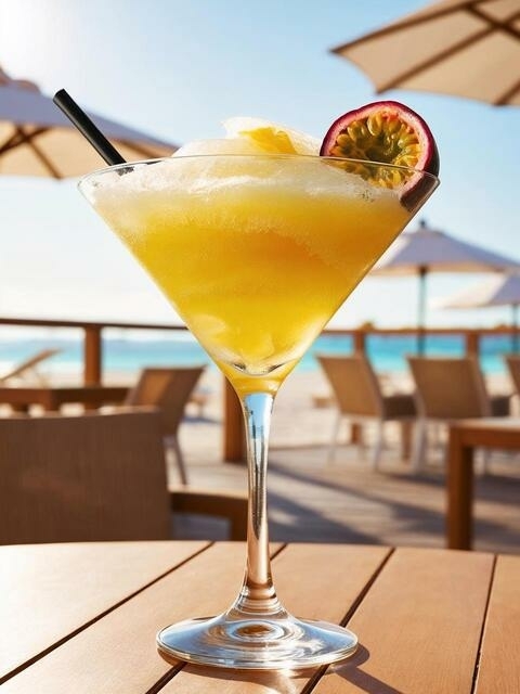 Frozen Pornstar Martini met passievrucht en prosecco op zomers strandterras