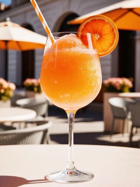 Frozen Spritz met sinaasappel op zomers stadsterras