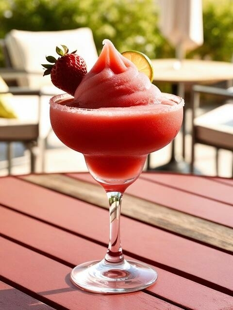 Frozen Strawberry Daiquiri met aardbei op zomers terras