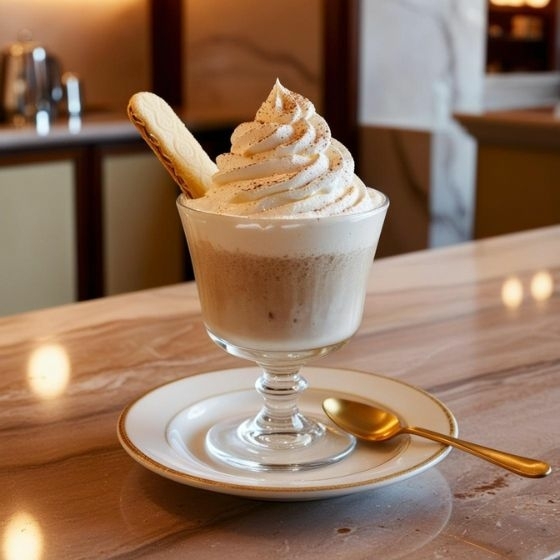 Frozen Tiramisu in een glas met slagroom, cacaopoeder en een savoiardi, geserveerd op een marmeren tafel in een Italiaanse koffiebar.