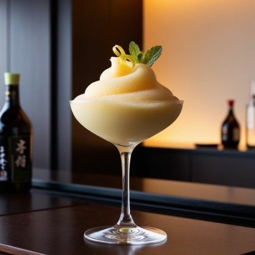 Frozen Yuzu Delight in een coupe-glas met limoenschil en munt, geserveerd op een donkere houten tafel in een Japanse cocktailbar.