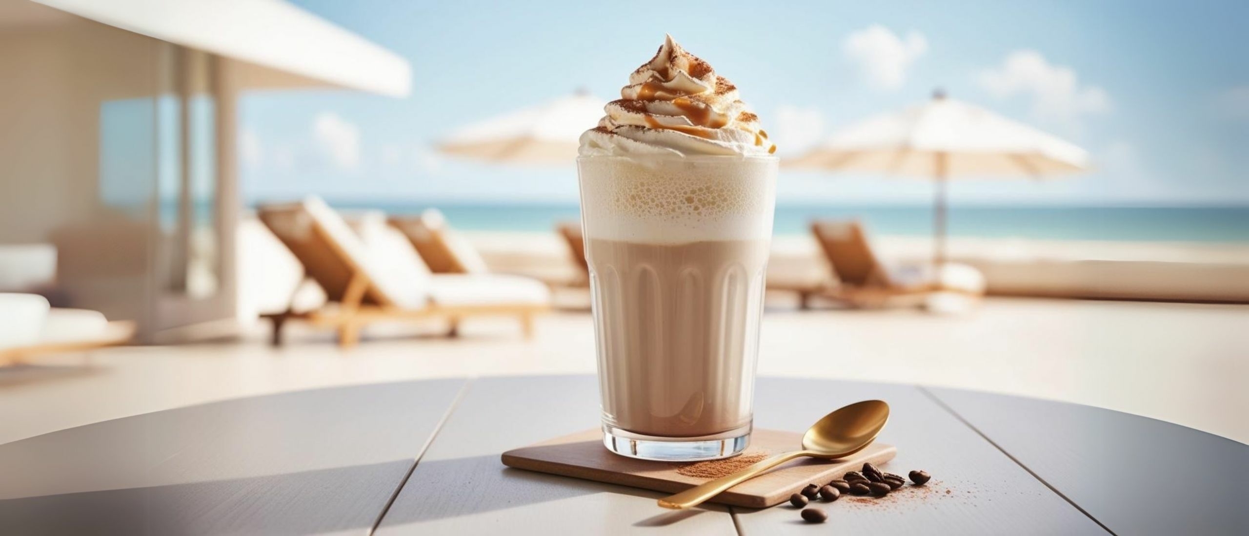 Frozen Cappuccino met slagroom, karamelsaus en cacaopoeder op een zonnig terras.