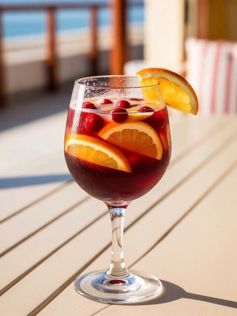 Glas rode of witte sangria met vers fruit op zonnig terras