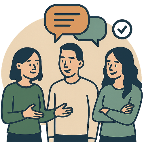 illustratie gesprek met drie personen illustratie van een gesprekssituatie met drie mensen en een checkmark