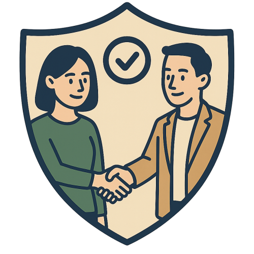 Illustratie handdruk en schild Illustratie van twee mensen die elkaar een hand geven voor een schild met een vinkje