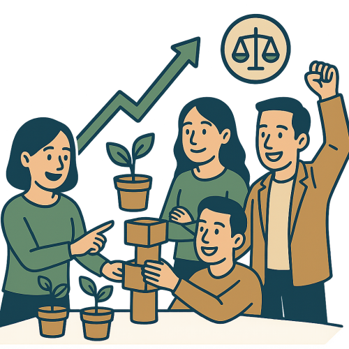 Illustratie van een groep mensen die samenwerken aan groei en balans