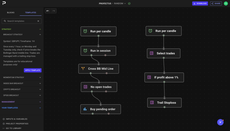 profectus-ai-builder-interface Screenshot van de Profectus AI builder met blokken op het canvas