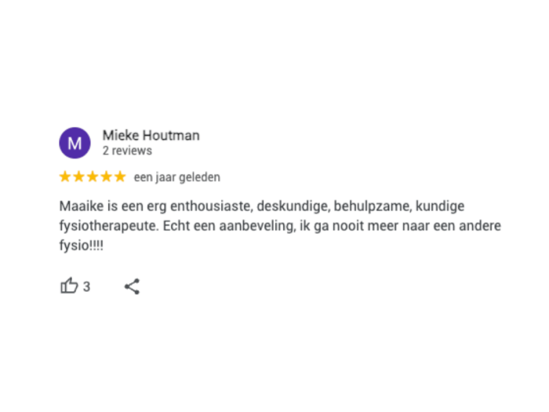 Review deskundige, behulpzame fysio van Mieke Houtman, vrouw