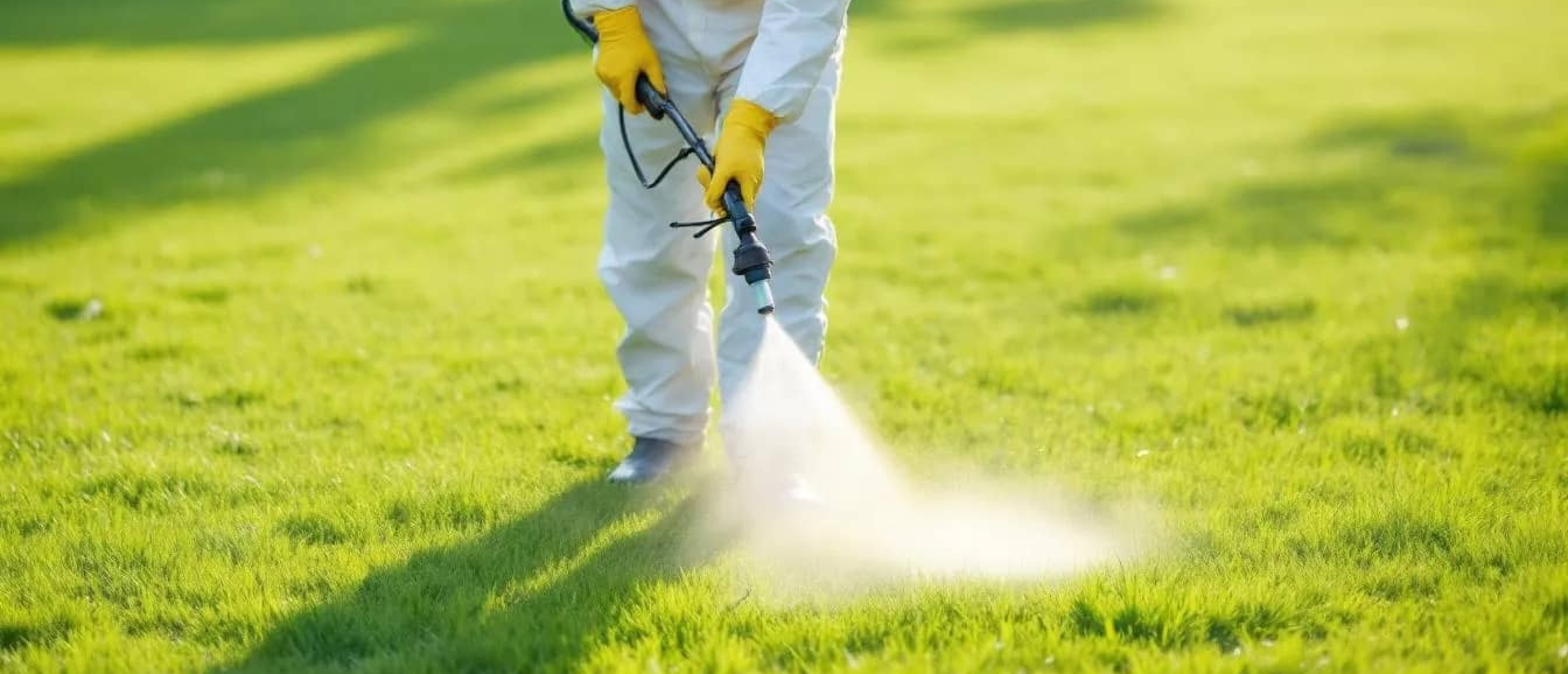 gazon wordt doodgespoten met beschermde kleding aan