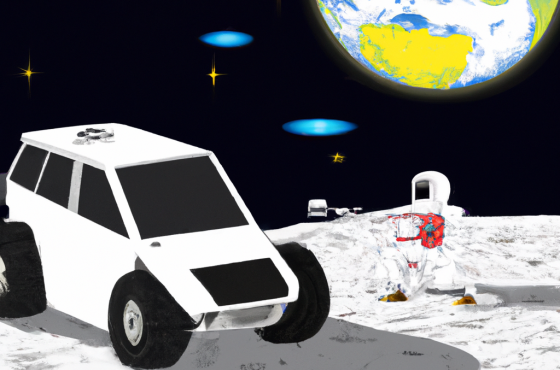 Electric car with astronaut animation on the moon and look back to the earth!
