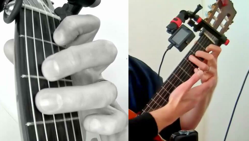 C-akkoord op gitaar voorbeeld foto met steun van rechterhand