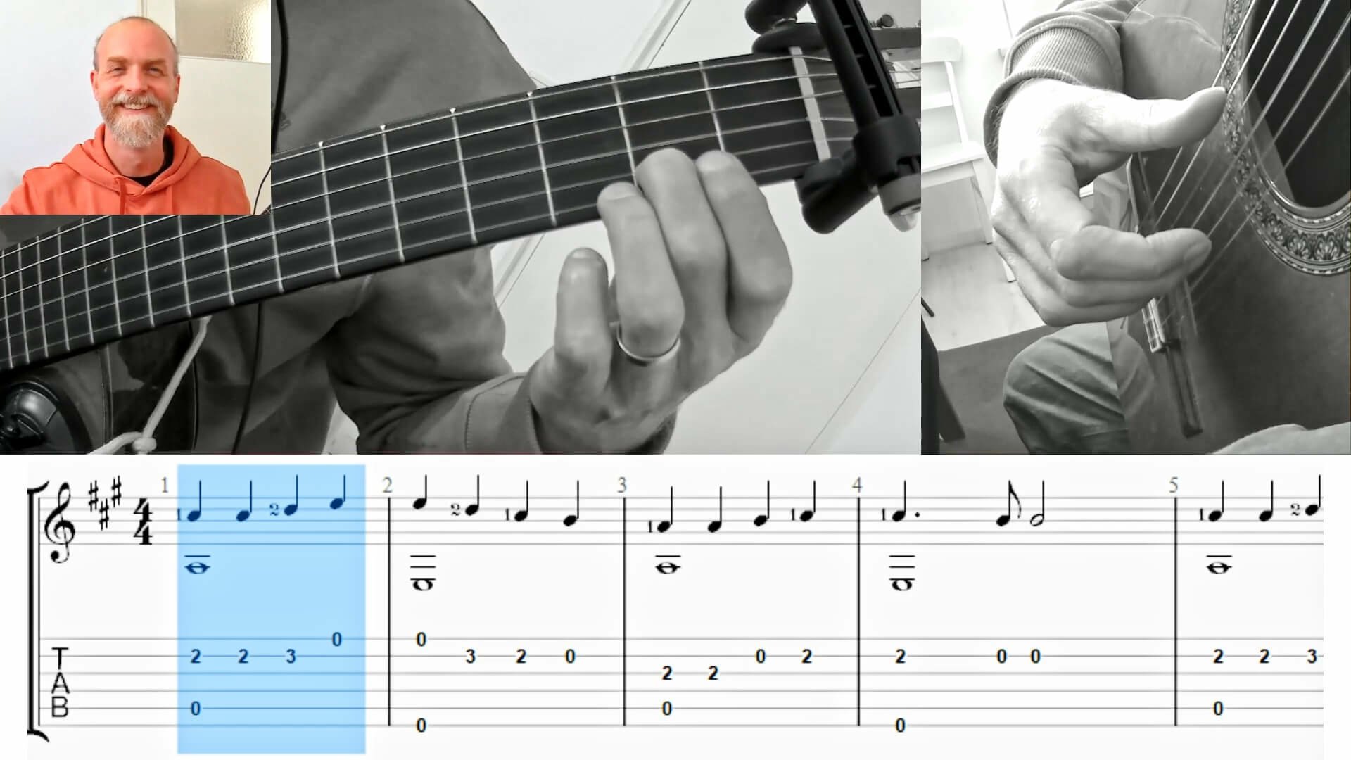 gitaarles online via webcam, uitleg van een liedje met camera vooraanzicht
