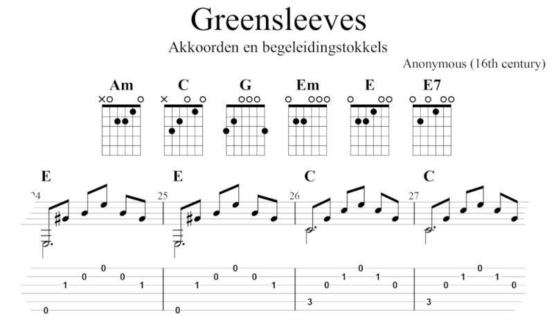 Greensleeves gitaartab tokkelen met akkoorden fragment maat 24-27