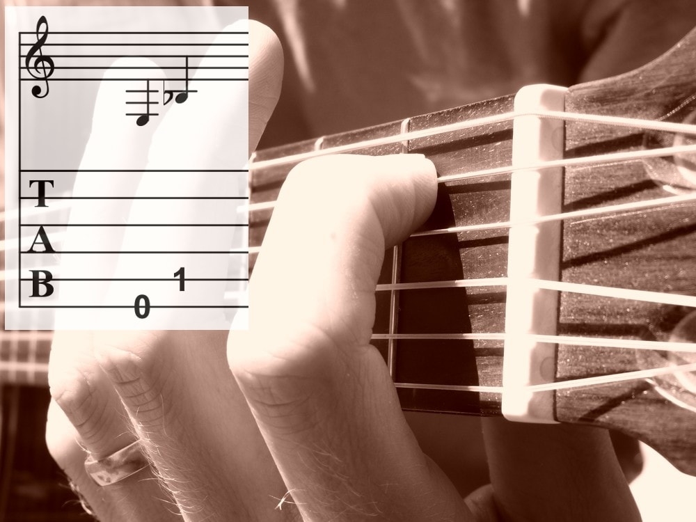 tritonus op gitaar met E en Bes, gitaartab en voorbeeldfoto van vingerzetting