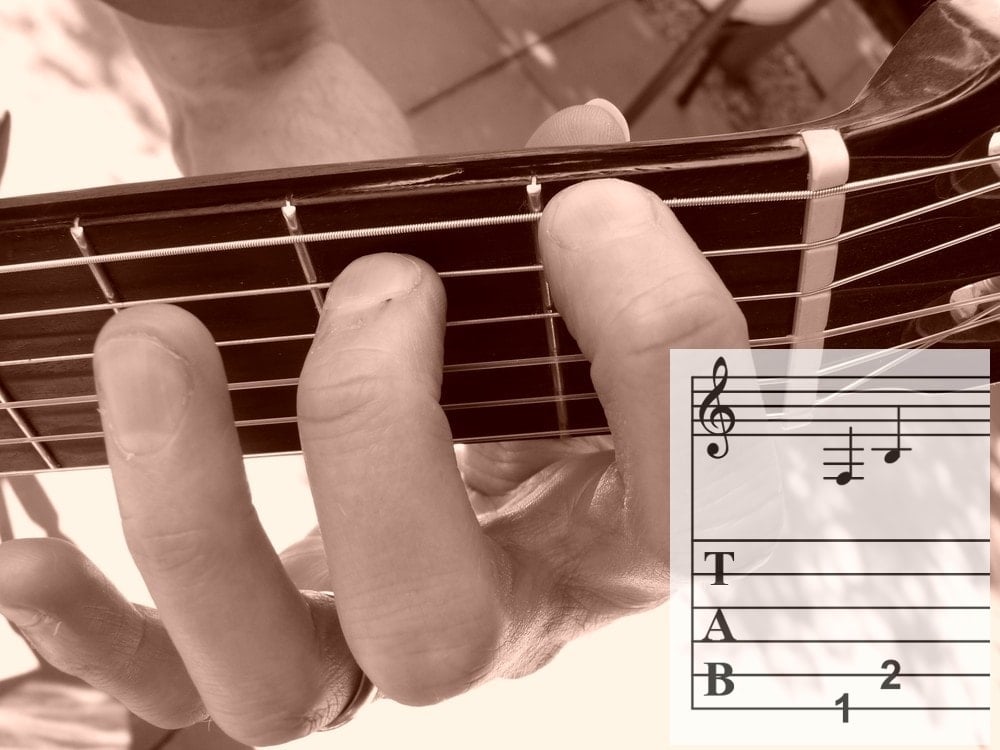 tritonus op gitaar met F en B, gitaartab en voorbeeldfoto van vingerzetting