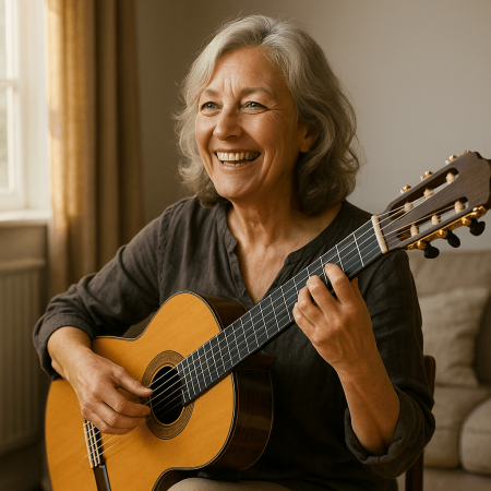 vrouw leert gitaar spelen lachend vrouw leert gitaar spelen lachend