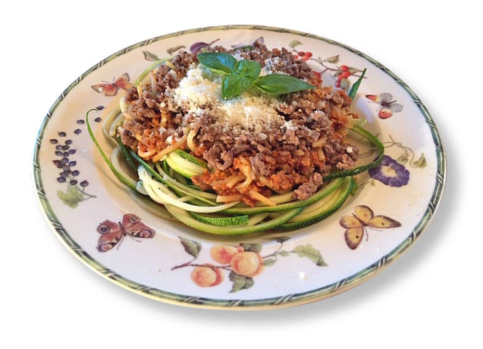 Pasta Bolognese met courgetti en geruld gehakt