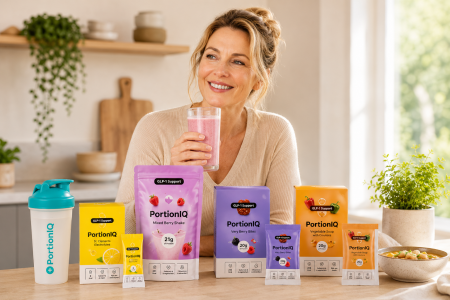 Vrouw die haar lichaam ondersteunt tijdens het afvallen met PortionIQ voeding naast Ozempic, Wegovy of Mounjaro.