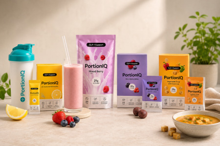 Overzicht van de PortionIQ producten zoals Mixed Berry Shake, Very Berry Bites, Groentesoep met Croutons en St. Clements Elektrolyten voor mensen die afslankmedicatie gebruiken zoals Ozempic, Wegovy en Mounjaro.
