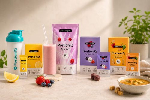 Overzicht van de PortionIQ producten zoals Mixed Berry Shake, Very Berry Bites, Groentesoep met Croutons en St. Clements Elektrolyten voor mensen die afslankmedicatie gebruiken zoals Ozempic, Wegovy en Mounjaro.