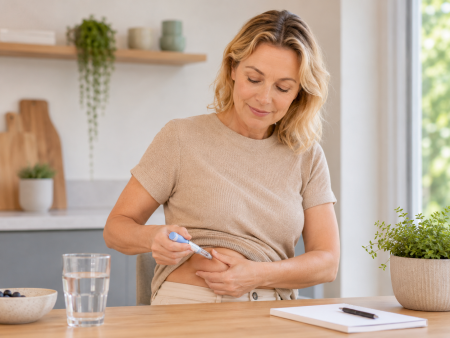 Vrouw gebruikt GLP-1 afslankmedicatie zoals Ozempic, Wegovy of Mounjaro om gewicht te verliezen.