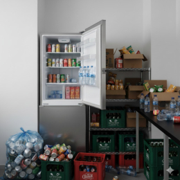 Een gevulde opslag in een kantoor met blikjes en flesjes Een gevulde opslag in een kantoor met blikjes en flesjes