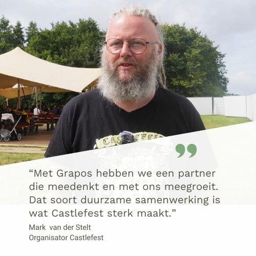 Grapos levert frisdranken aan het festival Castlefest Met Grapos hebben we een partner die meedenkt en met ons meegroeit. Dat soort duurzame samenwerking is wat Castlefest sterk maakt.