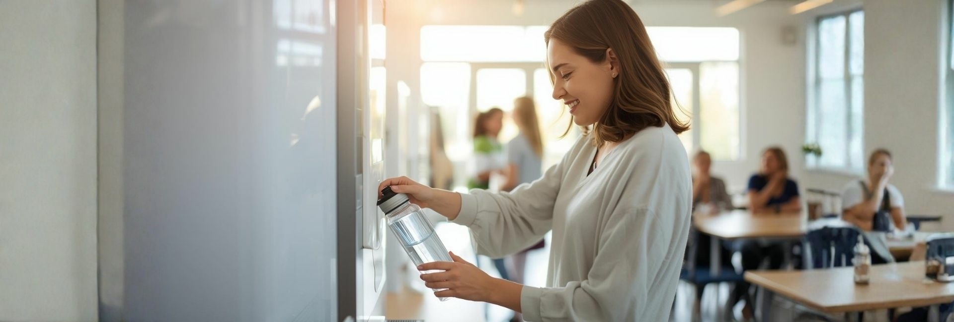 Student vult een fles met gezonde dranken Student vult een fles met gezonde dranken