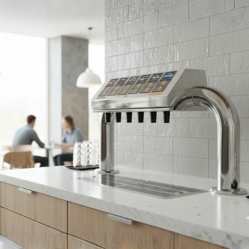 Een Vitamindrinks dispenser van Grapos op kantoor Een Vitamindrinks dispenser van Grapos past perfect in een pantry of kantooromgeving.