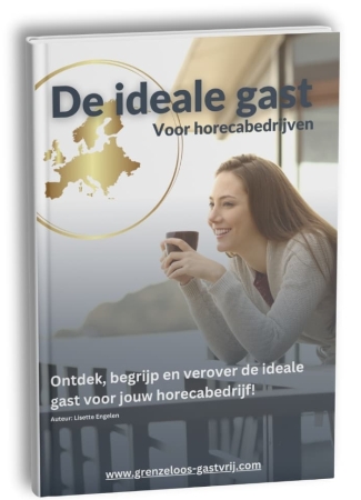 Mockup van het e-book De Ideale Gast van Grenzeloos Gastvrij, een praktisch handboek voor horecaondernemers en gastenverblijven om hun ideale gast te begrijpen, bereiken en binden