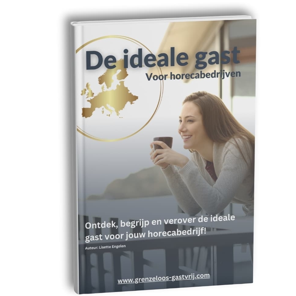 Mockup van het e-book De Ideale Gast van Grenzeloos Gastvrij, een praktisch handboek voor horecaondernemers en gastenverblijven om hun ideale gast te begrijpen, bereiken en binden