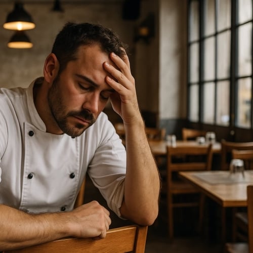 Horecaondernemer in restaurant of hotel die vermoeid is. Herkenbaar beeld voor ondernemers die hard werken maar grip missen op hun bedrijf