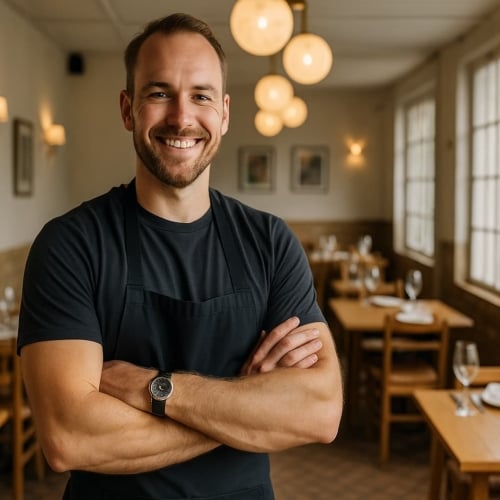 Een zelfverzekerde horecaondernemer in zijn restaurant, symbool voor meer grip, structuur en rendement dankzij het traject van Grenzeloos Gastvrij