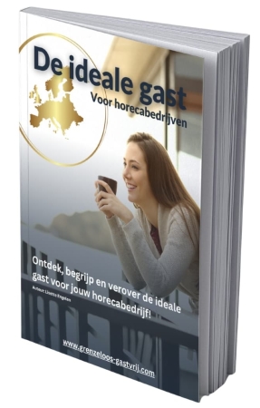 Mockup van het e-book De Ideale Gast van Grenzeloos Gastvrij, gericht op horecaondernemers en gastenverblijfeigenaren die meer inzicht willen in hun ideale gast