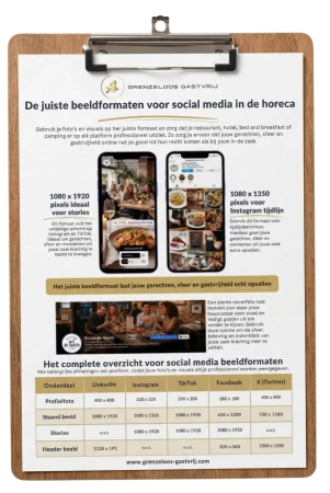 Infographic met het overzicht van de juiste beeldformaten voor social media in de horeca, inclusief afmetingen voor Instagram, Tiktok, Facebook, LinkedIn en X.