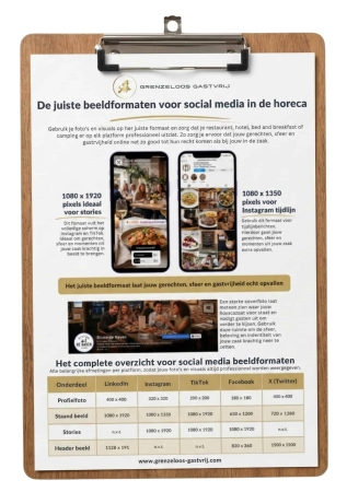Infographic met het overzicht van de juiste beeldformaten voor social media in de horeca, inclusief afmetingen voor Instagram, Tiktok, Facebook, LinkedIn en X.