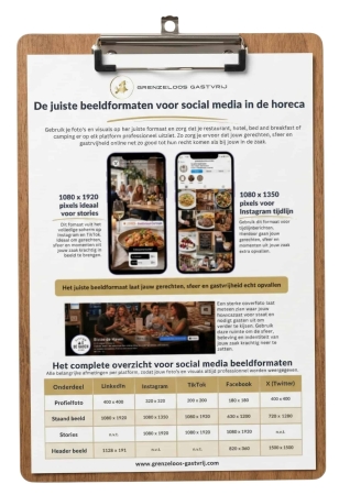 Infographic met het overzicht van de juiste beeldformaten voor social media in de horeca, inclusief afmetingen voor Instagram, Tiktok, Facebook, LinkedIn en X.