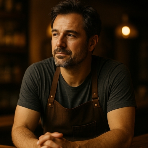 Horecaondernemer die na een lange werkdag aan de bar uitademt, zichtbaar nadenkend over de toekomst