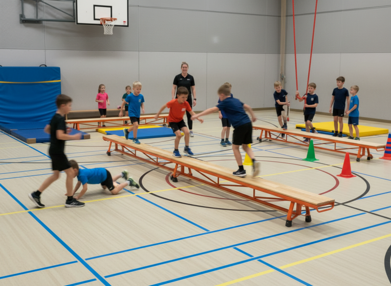 Grote groep kinderen oefent op oranje gymbanken onder begeleiding van gymdocent