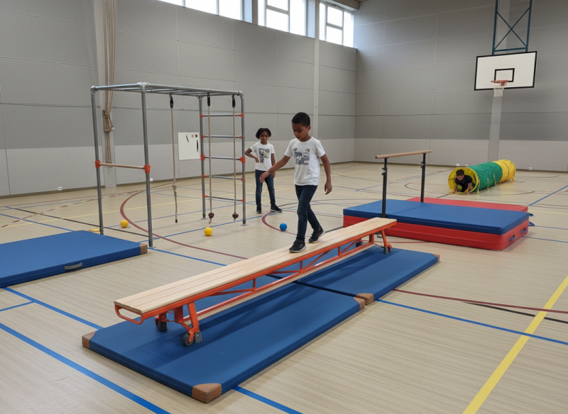 Twee kinderen oefenen balans op oranje gymbank tijdens gymles parcours