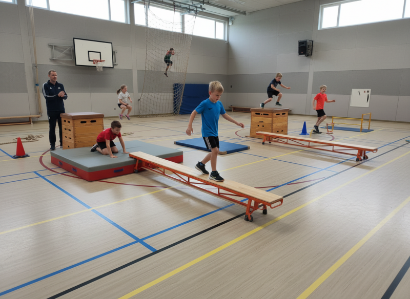 Grote groep kinderen oefent op oranje gymbanken onder begeleiding van gymdocent Kinderen trainen op gekleurde gymbanken in schoolgymzaal met docent