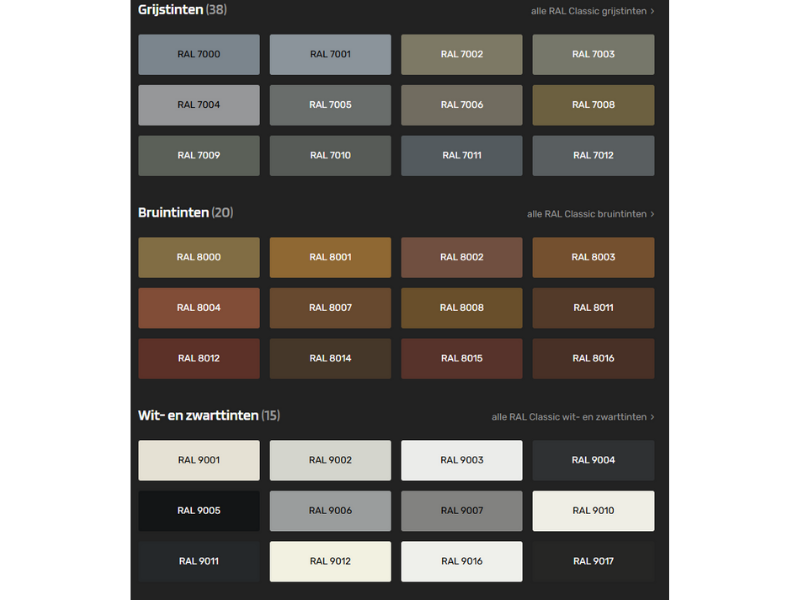 Personaliseer jouw Gymbank, kies uit de RAL kleuren Grijs Bruin Wit en Zwart