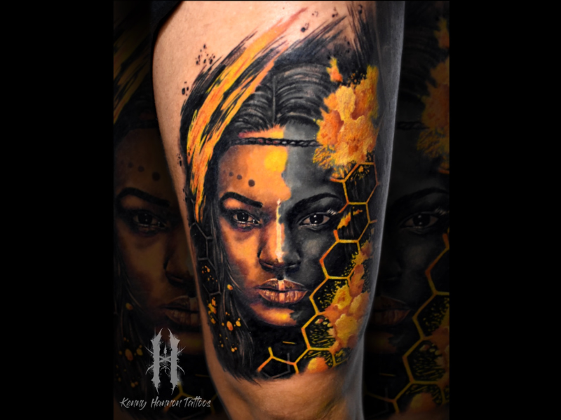 geometrie portret van vrouw tattoo izegem