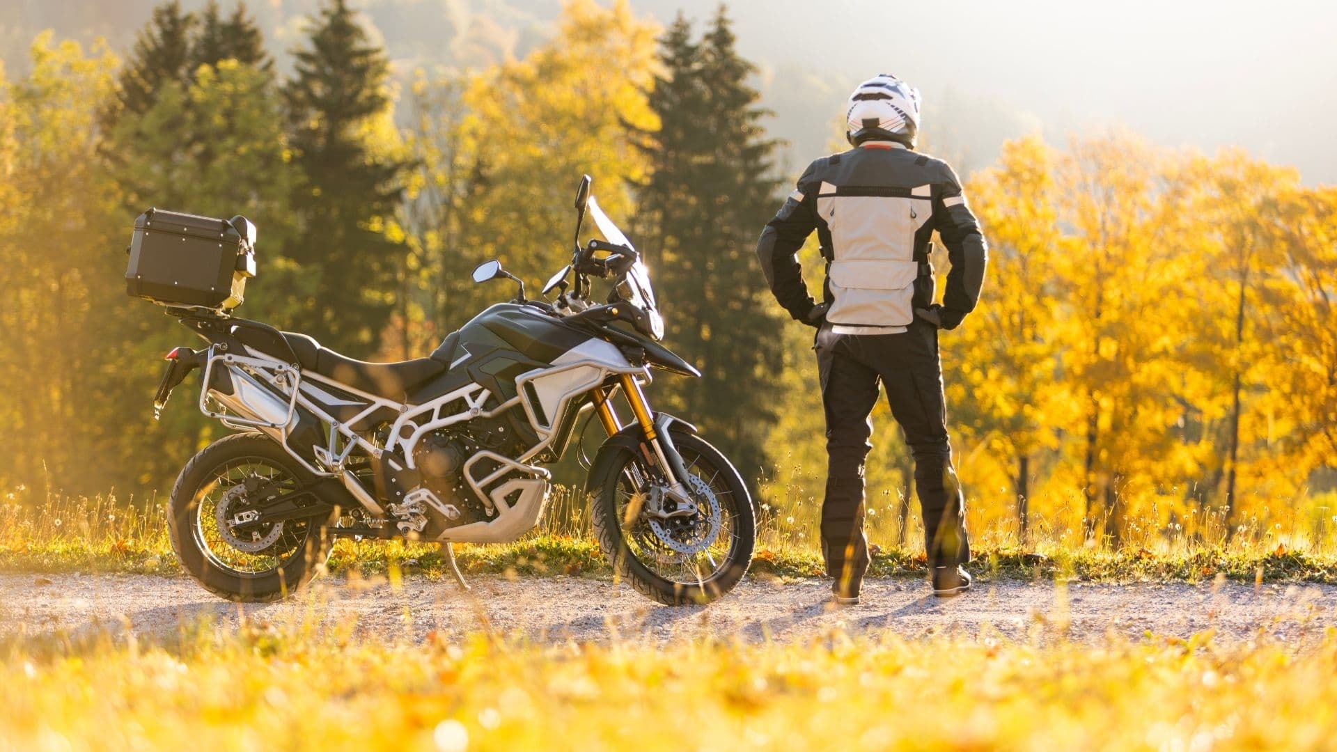 Moterrijder kijkt uit over de bergen in de Harz in Duitsland tijdens een motorvakantie bij Harz Hotel Iris