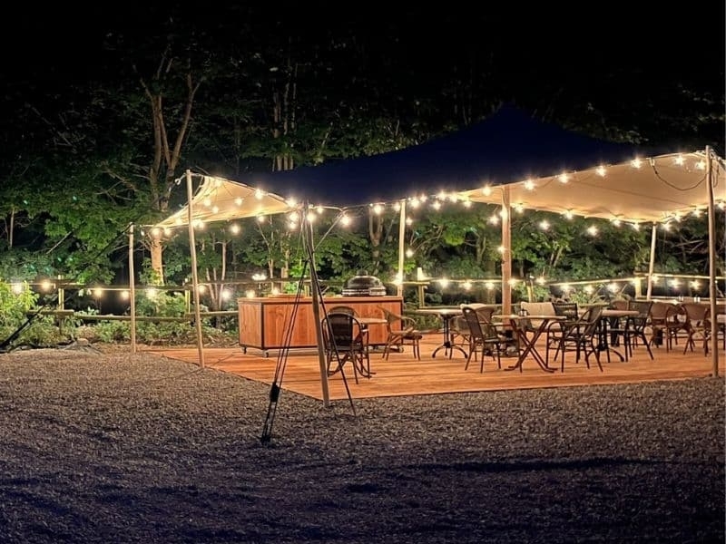 Overdekt terras met barbecue en buitenkookplek in de tuin van Harz Hotel Iris in de Harz Duitsland, sfeervolle locatie voor diners en buitenavonden