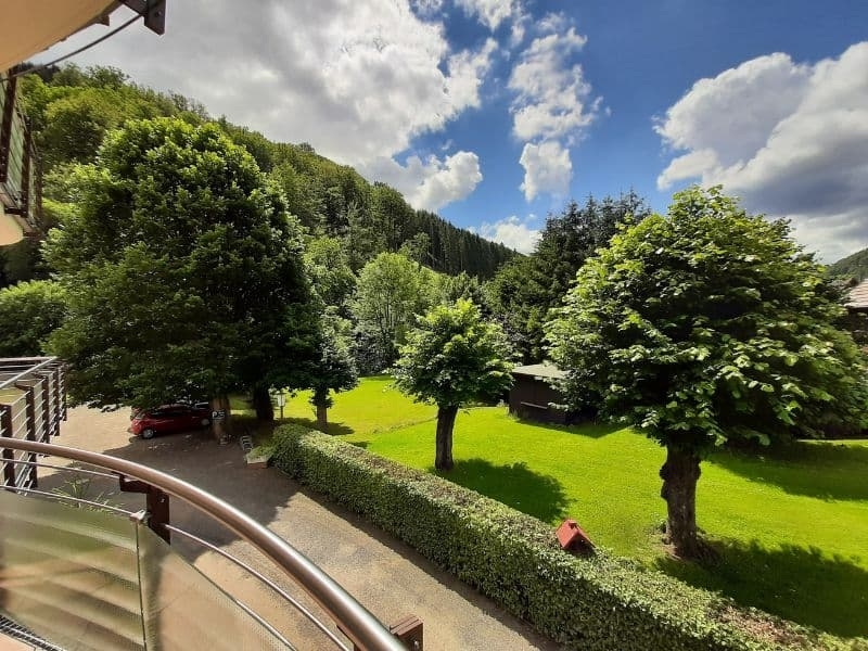 Uitzicht vanaf het balkon van een hotelkamer bij Harz Hotel Iris in Herzberg am Harz Duitsland, zicht over de bergen en de tuin van het hotel