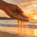 Hand laat zand los op het strand tijdens zonsondergang als symbool voor loslaten.