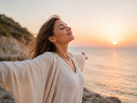 Ontspannen vrouw staat met open armen aan zee bij zonsondergang en ervaart rust en vrijheid.