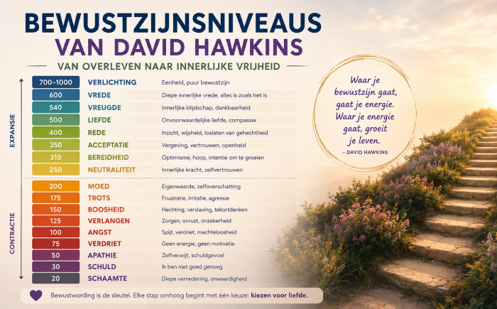 Plaatje geeft bewustzijnsniveaus van David Hawkins weer