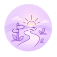 Paars pictogram van een pad naar de zonsopgang als symbool voor nieuwe keuzes en persoonlijke groei